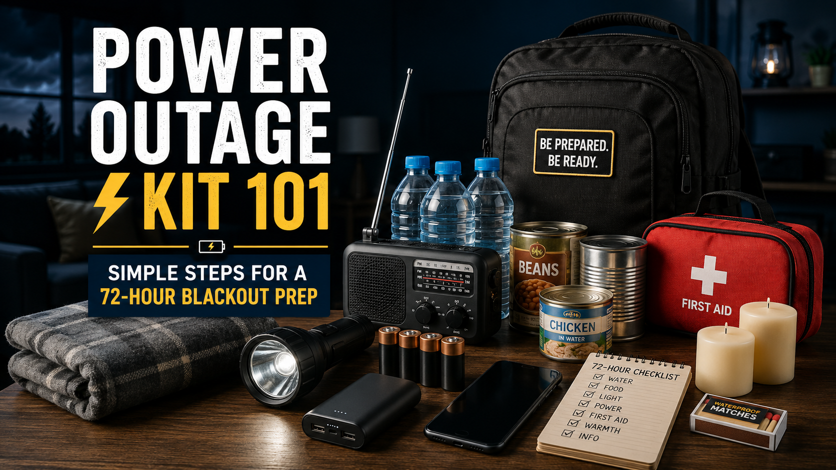 Family gathering around flashlights and supplies for a power outage